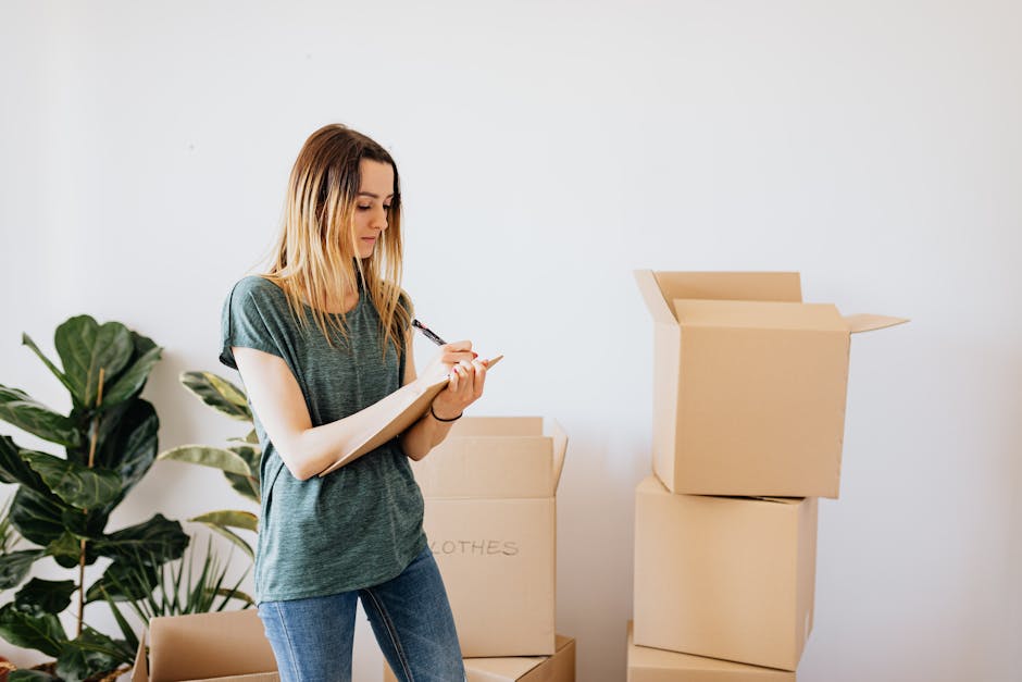 A woman with long blonde hair wearing a dark green T-shirt is inside a residence, standing near a stack of three cardboard moving boxes, with the largest box open at the top. She is holding a black marker and writing on a small notepad or clipboard, possibly creating a packing or inventory list as part of the home relocation process with the assistance of Removals Kentish Town. The room has a light wall and wooden flooring, with a potted plant partially visible on the left side of the image. The scene depicts an organized packing and moving stage, highlighting the preparation and planning involved in furniture transport and house removals, supported by professional removals services such as those offered by Removals Kentish Town.